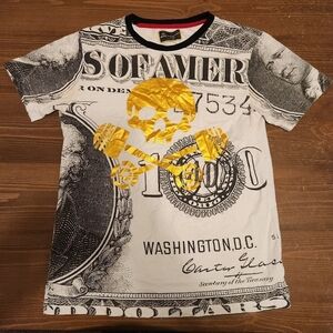 Bear The Beams U.S. Currency Gold Skull & Crossbones AOP Graphic Print T Shirt